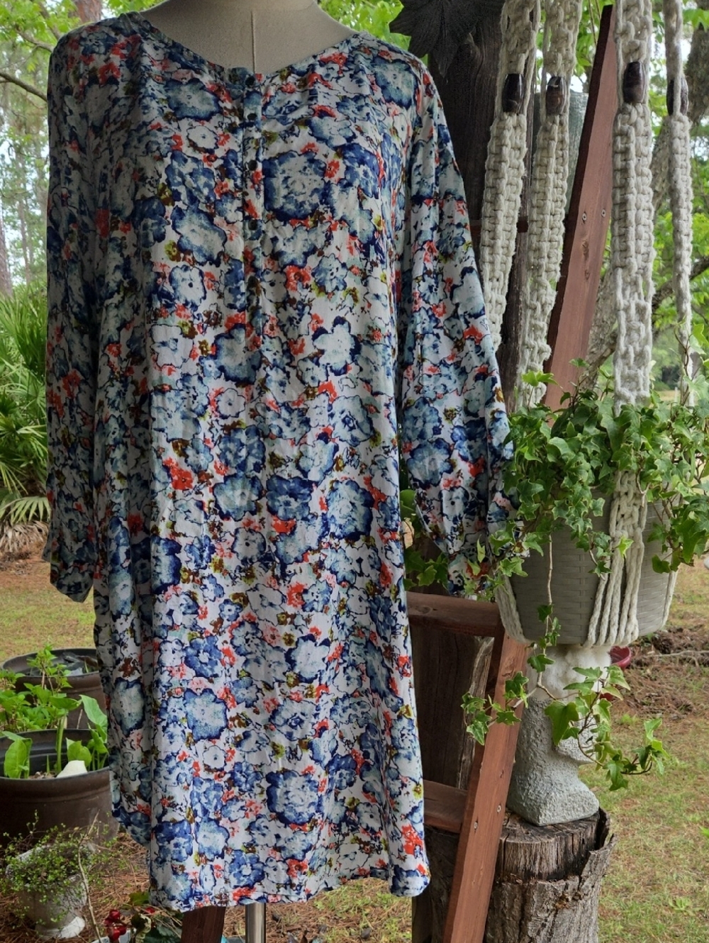 Melange Floral Impressionist Print Long Line Lagenlook Tunic Size XXL